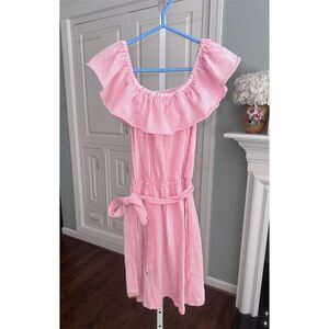 Michael Kors Women's Pink Striped Off-The-Shoulder Mini‎ Dress M Preppy Stretchy